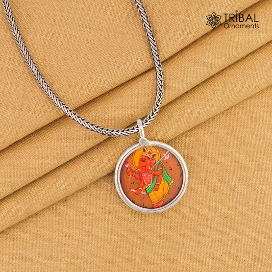 Exclusive 925 sterling silver handmade idol God Ganesha pendant, amazing painting pendant unisex gifting functional kavacham jewelry nsp768 - TRIBAL ORNAMENTS
