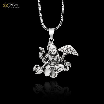 Sterling silver Hanuman idol pendant with mount, handcrafted tribal jewelry, detailed craftsmanship, ideal for gifting.