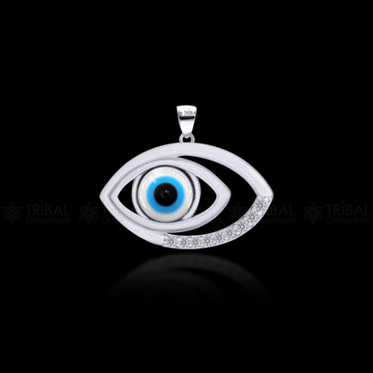 Pure 925 sterling silver evil eyes pendant with CZ stone from TRIBAL ORNAMENTS, showcasing intricate design and sparkling accents.