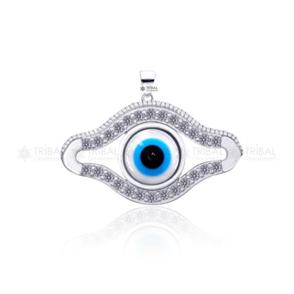 Pure 925 sterling silver evil eyes pendant with CZ stone, tribal ornaments brand, showcasing detailed design and sparkling accents.