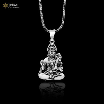Pure 925 sterling silver Lord Hanuman pendant, handmade designer unisex Hindu jewelry featuring divine blessing motif.
