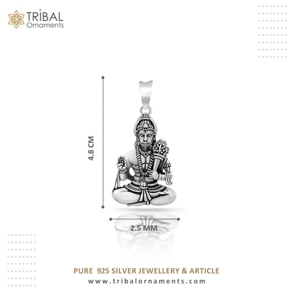 Sterling silver Lord Hanuman pendant by TRIBAL ORNAMENTS, handmade unisex jewelry featuring divine Hindu god design.