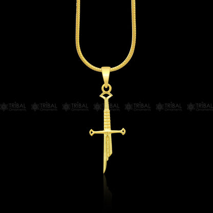 Sterling silver handmade small sword pendant by TRIBAL ORNAMENTS, unisex divine jewelry with intricate design.