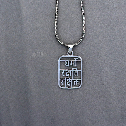 Handmade 925 sterling silver Dharmo Rakshathi Rakshitaha pendant by TRIBAL ORNAMENTS, featuring intricate tribal design.