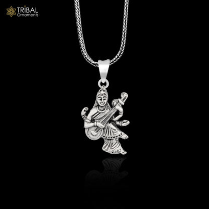 Sterling silver Saraswati Maa pendant by Tribal Ornaments, featuring a handmade goddess design for student or prayer jewelry.