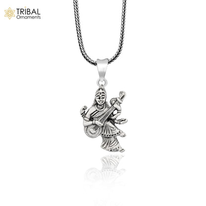 Sterling silver Goddess Saraswati pendant by Tribal Ornaments, handmade jewelry featuring Saraswati Maa for students and prayer.