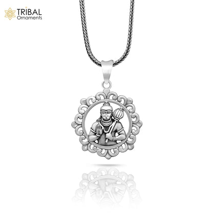 925 sterling silver Lord Hanuman pendant, handmade unisex Hindu jewelry featuring divine Bajarangbali design by TRIBAL ORNAMENTS