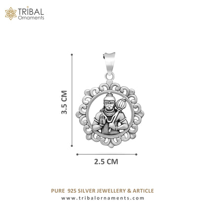 Sterling silver Lord Hanuman pendant, handcrafted unisex Hindu jewelry featuring divine Bajarangbali idol from Tribal Ornaments.