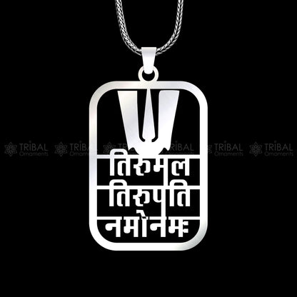 Sterling silver Tirupati Venkateswara pendant with mantra inscription, handcrafted by Tribal Ornaments, featuring traditional design.