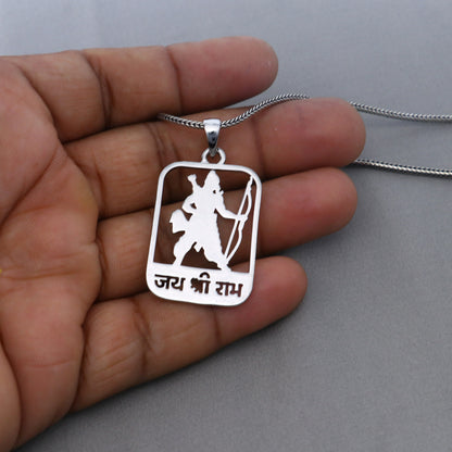 Sterling silver "Jai Shree Ram" Ram mantra pendant by TRIBAL ORNAMENTS, featuring intricate handmand design on a silver pendant.