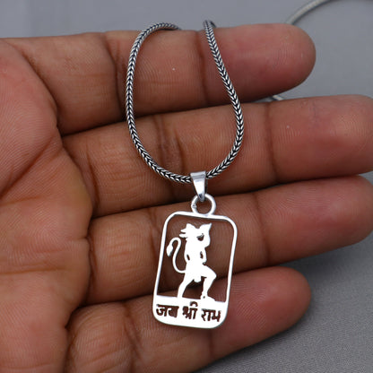 Sterling silver handmade "Jai Shree Ram" Ram mantra pendant by TRIBAL ORNAMENTS, featuring detailed craftsmanship.