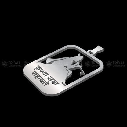 Sterling silver Krishna mantra pendant with hand-carved design, featuring traditional motifs on a silver 925 pendant.
