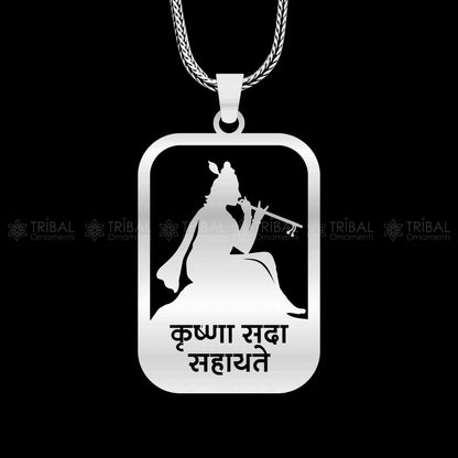 Sterling silver Krishna mantra pendant with intricate handmand design by Tribal Ornaments, featuring sacred symbols and detailed craftsmanship.