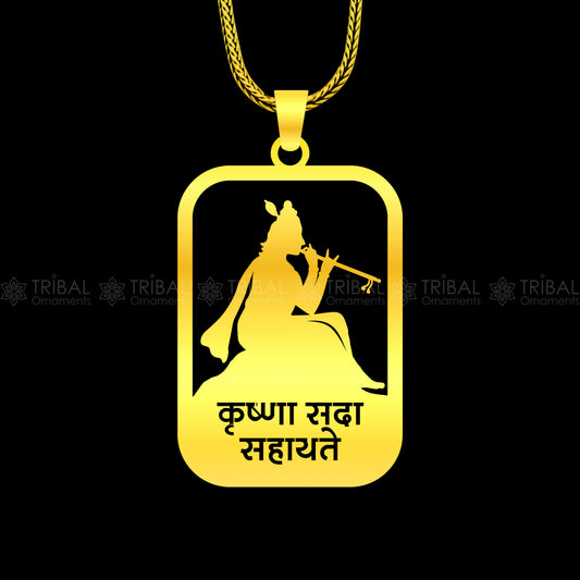 Sterling silver Krishna mantra pendant featuring handmand design by Tribal Ornaments, showcasing intricate craftsmanship and religious symbolism.