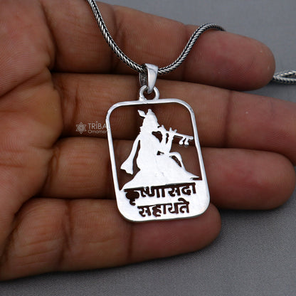 925 sterling silver Krishna mantra pendant featuring handmand design, crafted by TRIBAL ORNAMENTS.