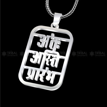 Polished 925 sterling silver Antah Asti Prarambh pendant from TRIBAL ORNAMENTS featuring intricate tribal handmand design.