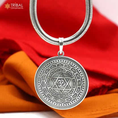 925 Sterling silver Divine Sudarshan Chakra Yantram pendant with energetic Kavacham, featuring intricate tribal ornament design, 3x3 cm size.