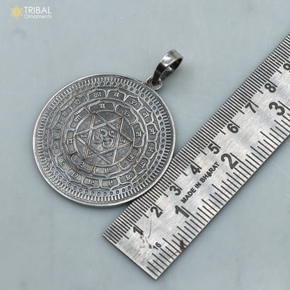 925 Sterling silver Divine Sudarshan Chakra Yantram pendant with energetic Kavacham design, tribal ornament style, small size 3x3 cm.