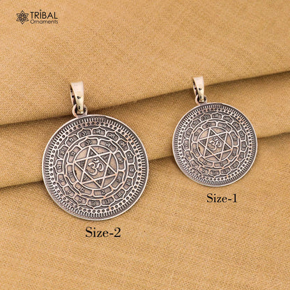 Small 925 silver Divine Sudarshan Chakra Yantram pendant with intricate tribal design, symbolizing protection and spiritual energy.