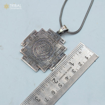 925 sterling silver Divine Bagalamukhi Maha Yantram pendant, tribal-style energetic Kavacham, 4.5x4.5 cm, intricate religious jewelry piece