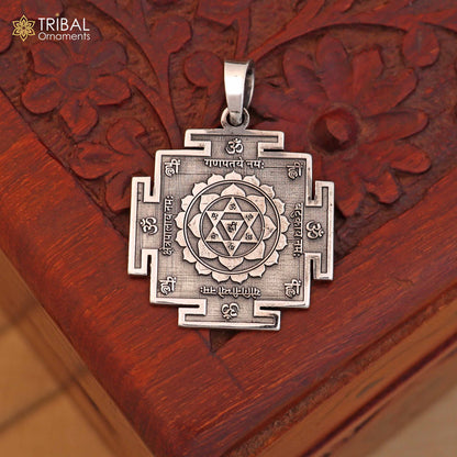 925 silver Divine Bagalamukhi Maha Yantram pendant, tribal-style silver pendant with intricate design, energetic kavacham charm.