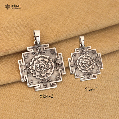 925 sterling silver Divine Bagalamukhi Maha Yantram pendant with intricate design, energetic Kavacham symbol, and tribal ornament style.