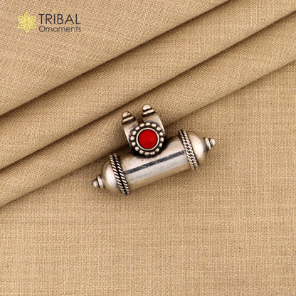 925 Sterling silver vintage amulet pendant with turquoise stone, box design, tribal ornament style, kavacham and mantra box.