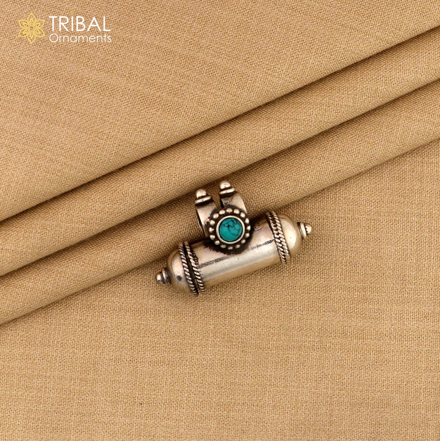 925 Sterling silver vintage kavacham amulet pendant with turquoise stone, tribal design, box style, mantra and tabiz features.