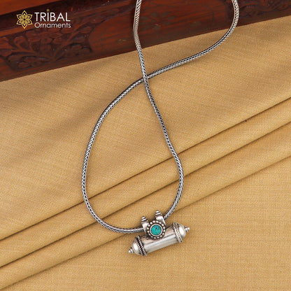 925 Sterling silver vintage amulet pendant with turquoise stone, tribal design, box pendant, kavacham, and mantra box.