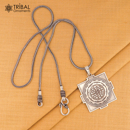 925 Sterling silver Shree chakra and Maha Mrityunjay chakra yantra pendant, ethnic jewelry with intricate design and spiritual symbols.