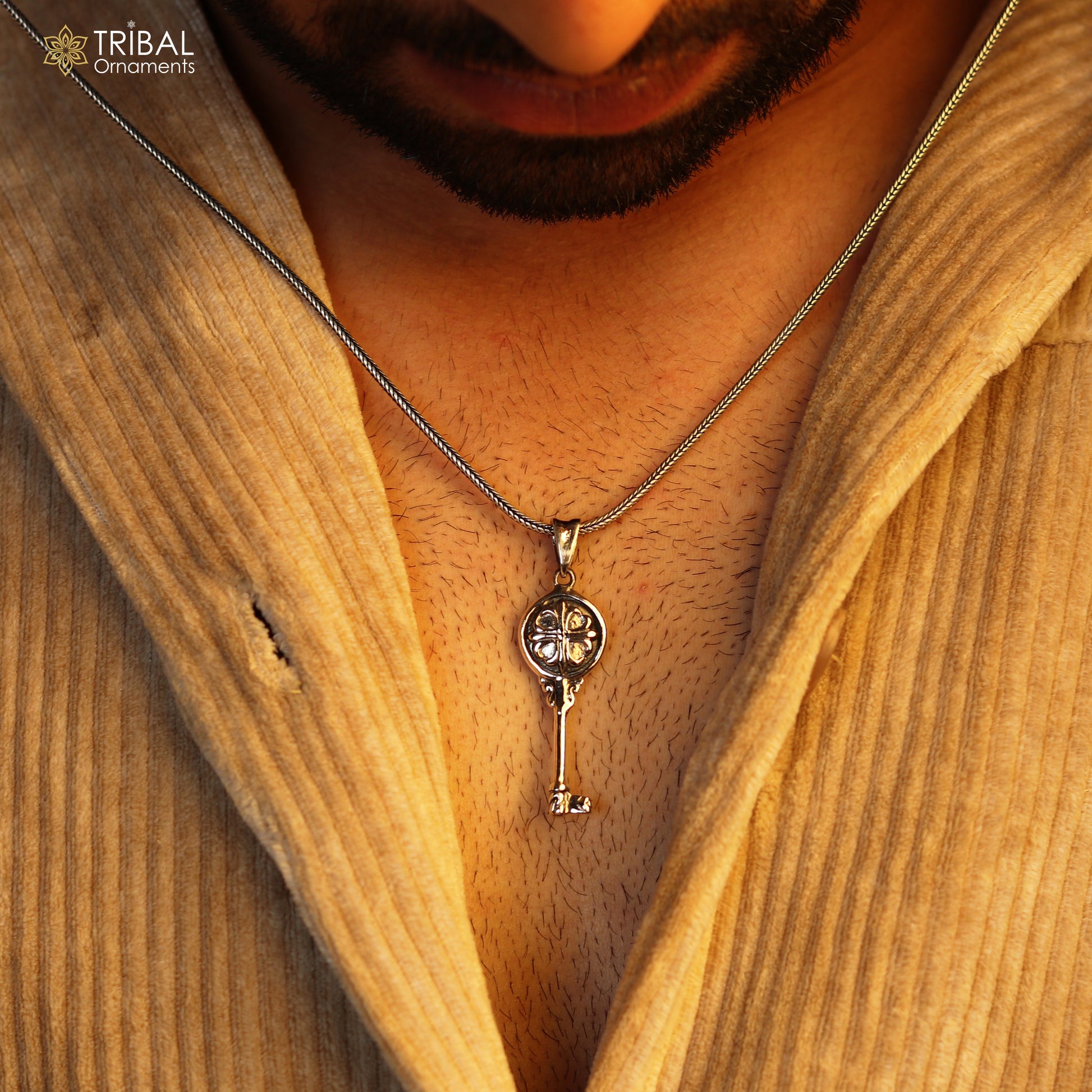 Vintage style key pendant necklace in 925 sterling silver, featuring intricate designs, from TRIBAL ORNAMENTS.