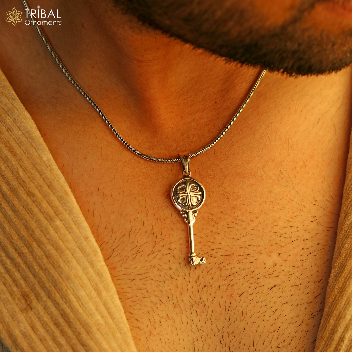 Vintage style key pendant necklace in 925 sterling silver by Tribal Ornaments, featuring a stylish, customized jewelry design from India.