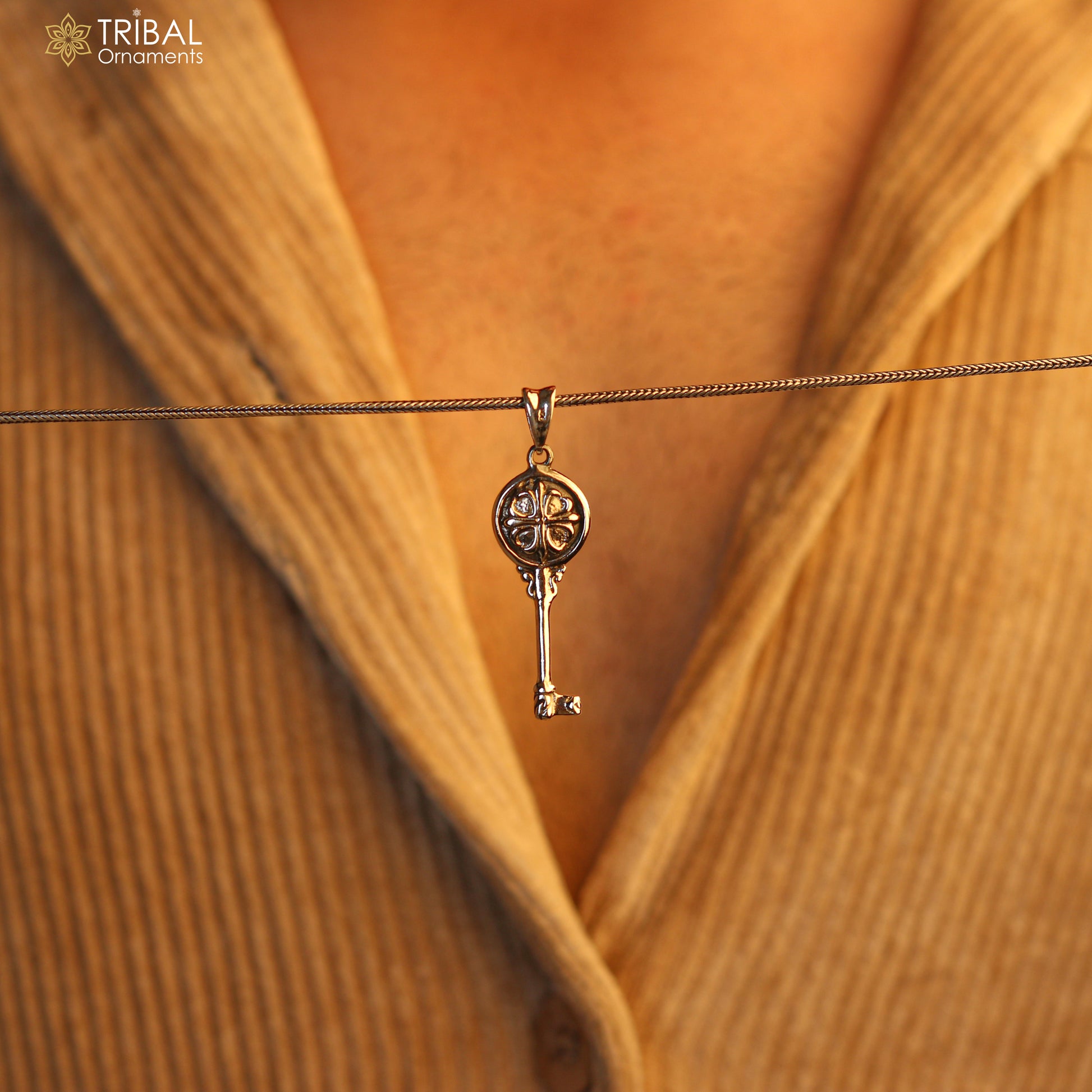 Vintage style key pendant necklace in 925 sterling silver, stylish and customized jewelry from Tribal Ornaments India.
