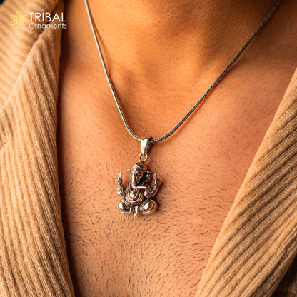 925 sterling silver Lord Ganesha pendant from TRIBAL ORNAMENTS, vintage handmade jewelry with intricate design and unisex style.