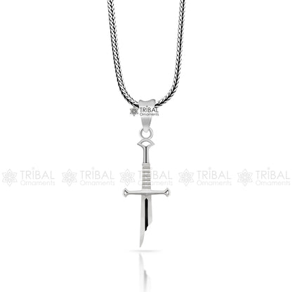 925 sterling silver small sword pendant by TRIBAL ORNAMENTS, handmade unisex jewelry with white finish and intricate design.