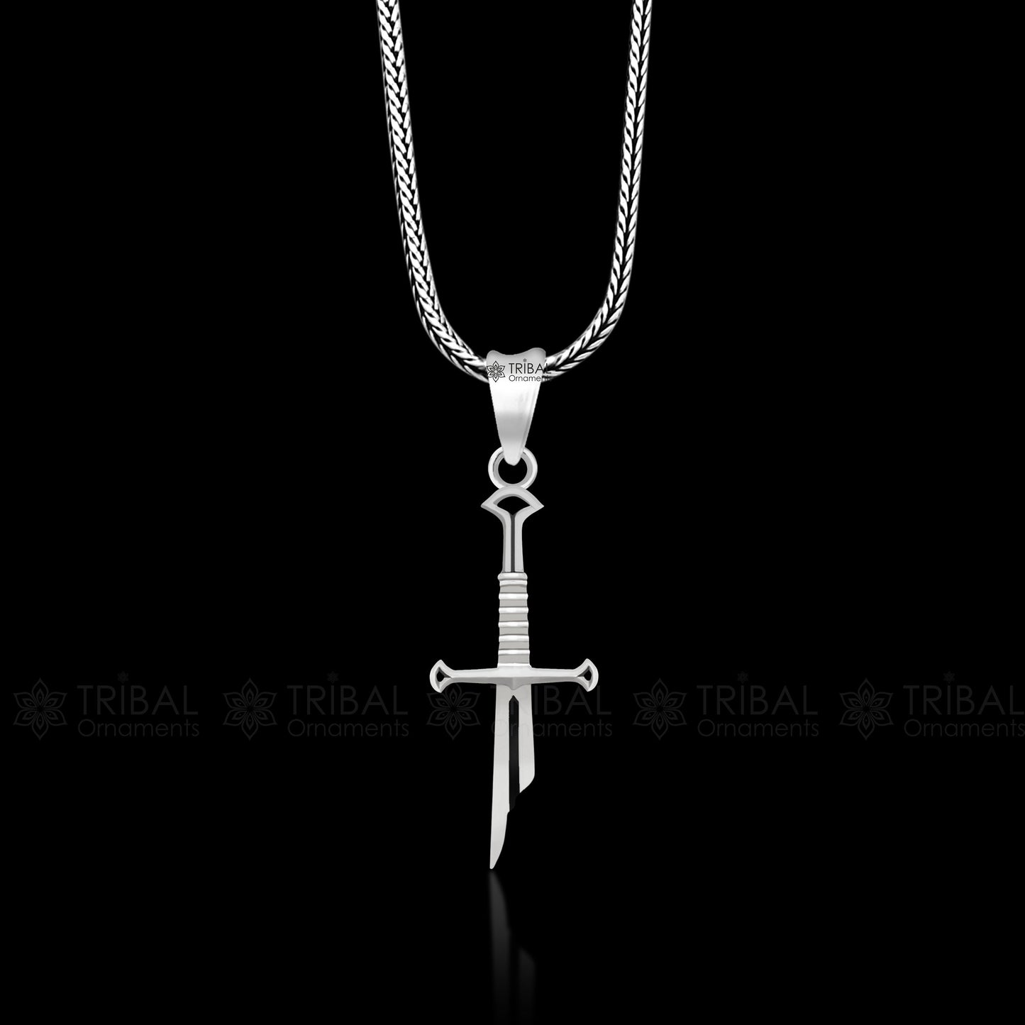 Sterling silver small sword pendant by TRIBAL ORNAMENTS, unisex handmade jewelry with white finish, divine designer pendant.