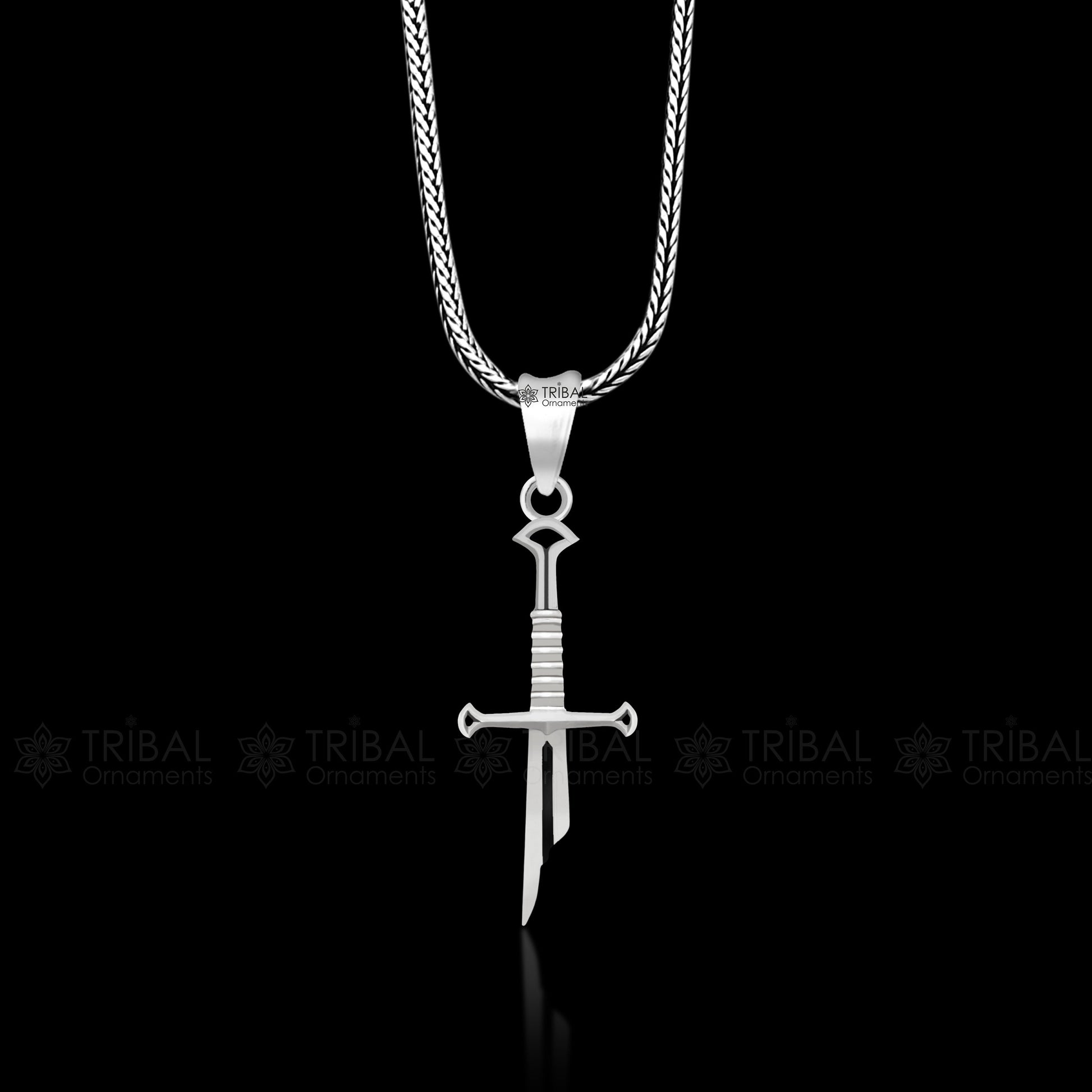 Sterling silver small sword pendant by TRIBAL ORNAMENTS, unisex handmade jewelry with white finish, divine designer pendant.
