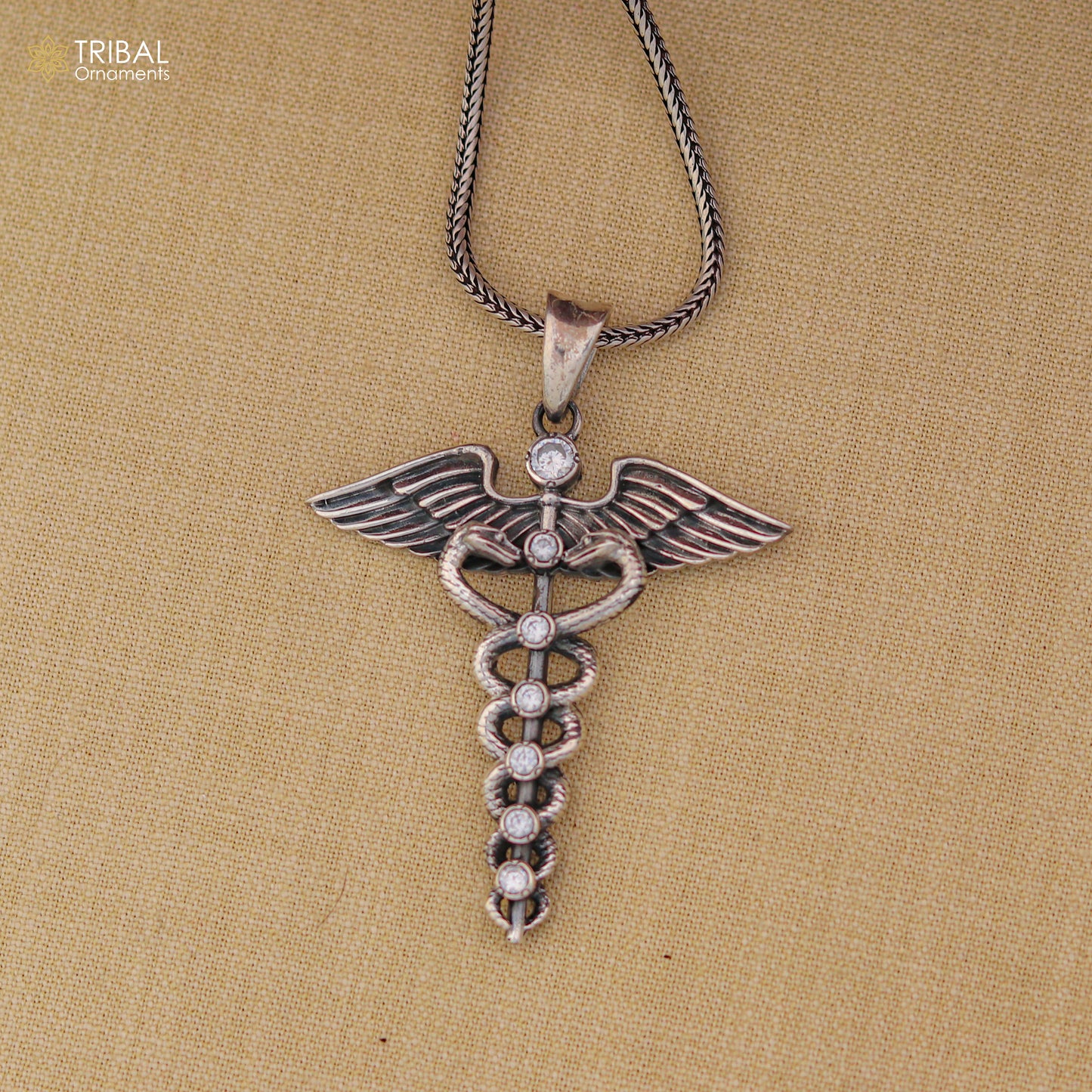925 sterling silver Caduceus Symbol Pendant with chain tribal jewellery nsp1100 - TRIBAL ORNAMENTS