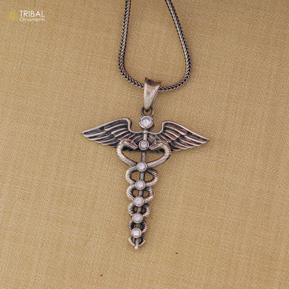 925 sterling silver Caduceus symbol doctor pendant with chain, tribal jewelry featuring white stone accents and intricate design.
