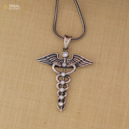 925 sterling silver Caduceus Symbol Pendant with chain tribal jewellery nsp1100 - TRIBAL ORNAMENTS
