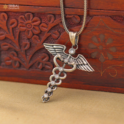 925 sterling silver Caduceus symbol doctor pendant with chain, tribal jewelry featuring white stone accents by Tribal Ornaments