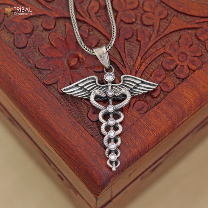 925 sterling silver Caduceus symbol doctor pendant with chain, tribal jewelry featuring white stone details.