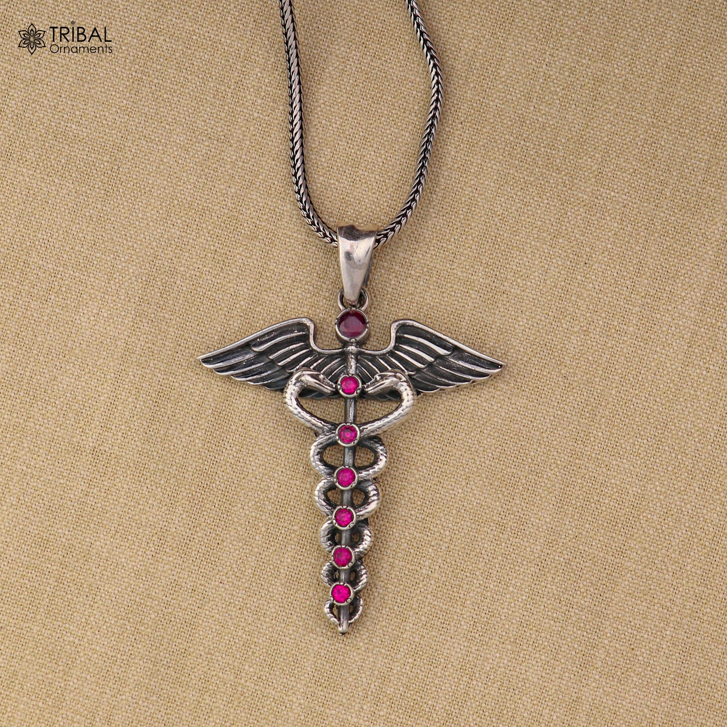 925 sterling silver Caduceus Symbol Pendant with chain tribal jewellery nsp1100 - TRIBAL ORNAMENTS