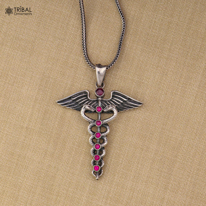 Sterling silver Caduceus symbol doctor pendant with chain, tribal jewelry design featuring white stone accents.