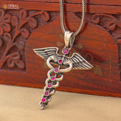 Sterling silver Caduceus symbol doctor pendant with chain, tribal jewelry design and white stone accent.