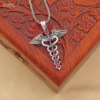 925 sterling silver Caduceus Symbol doctor pendant with chain, tribal jewelry design featuring white stone accents.