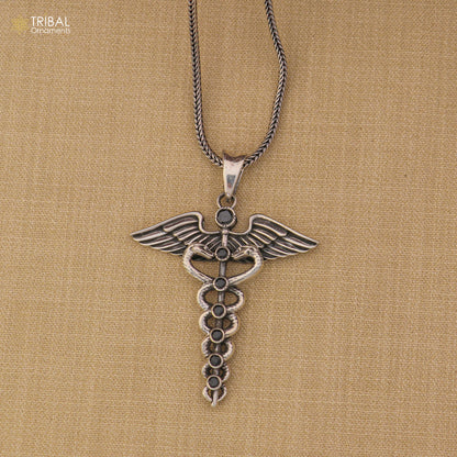 Sterling silver Caduceus symbol doctor pendant with chain, tribal jewelry featuring white stone accents by TRIBAL ORNAMENTS