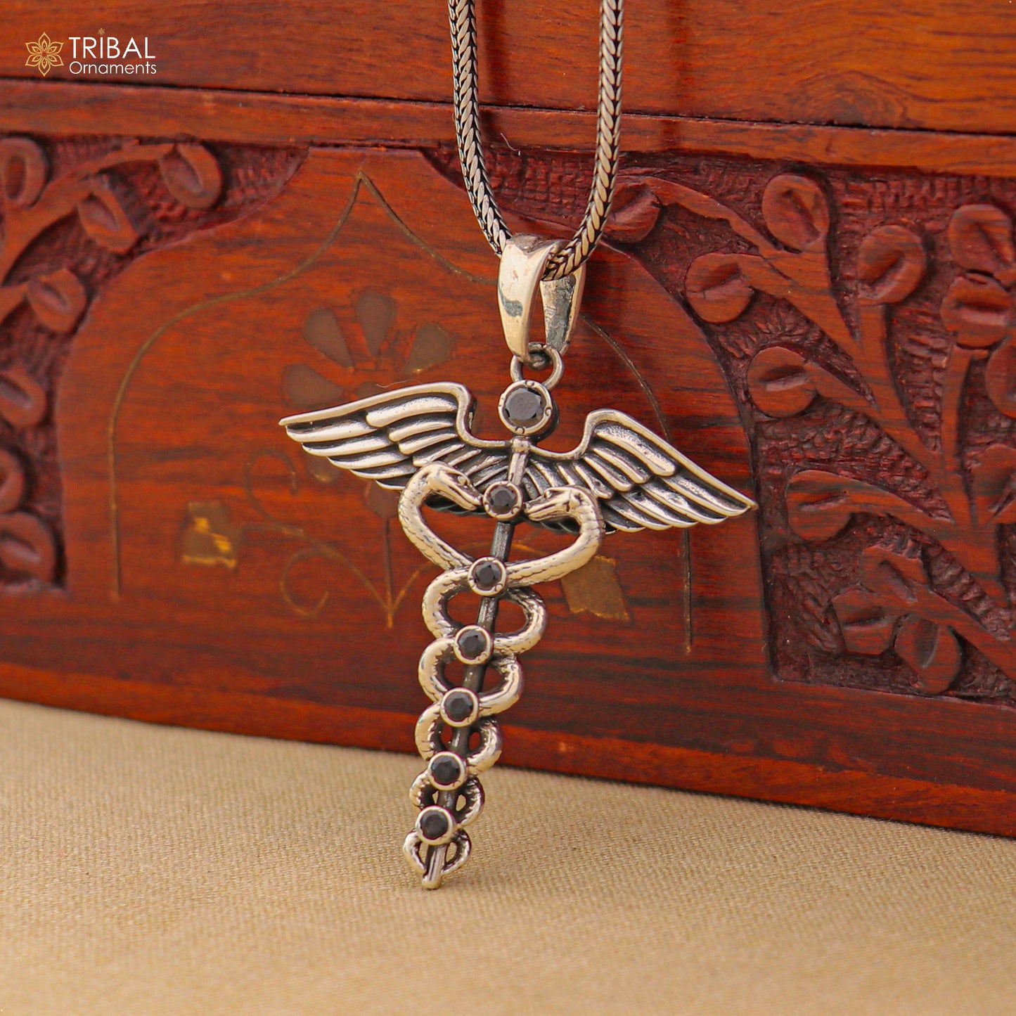 925 sterling silver Caduceus Symbol Pendant with chain tribal jewellery nsp1100 - TRIBAL ORNAMENTS