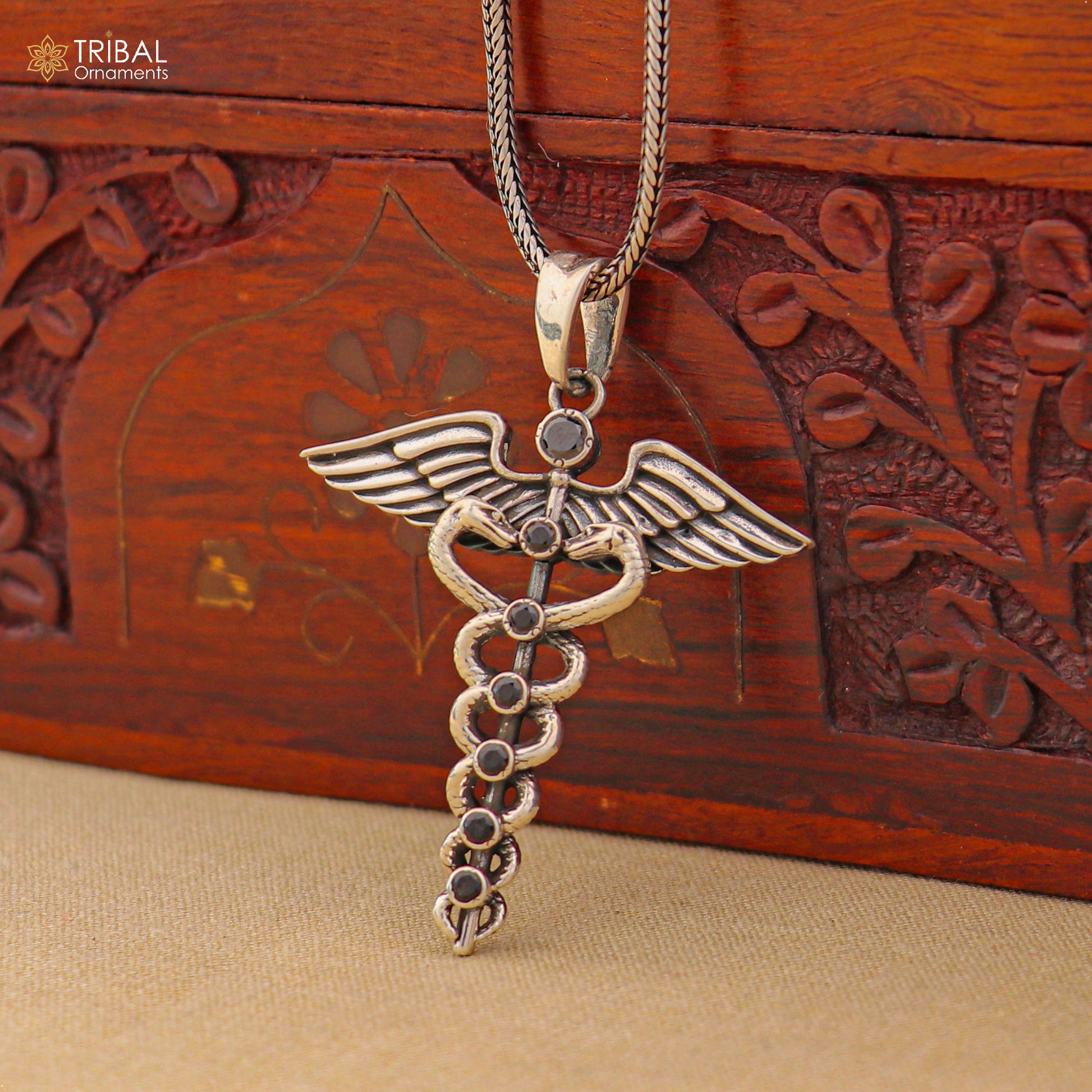 925 sterling silver Caduceus Symbol Pendant with chain tribal jewellery nsp1100 - TRIBAL ORNAMENTS