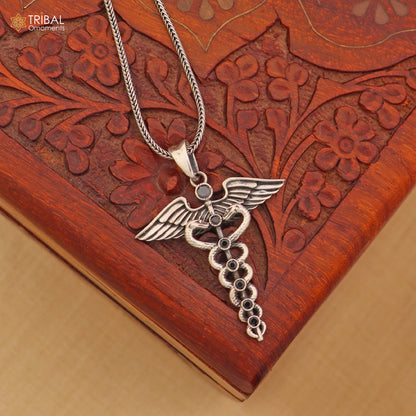 925 sterling silver Caduceus symbol doctor pendant with chain, tribal jewelry featuring white stone accents.